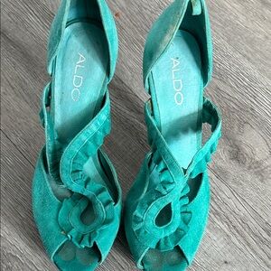 ALDO Teal Suede Ruffle Peep-Toe Heels
